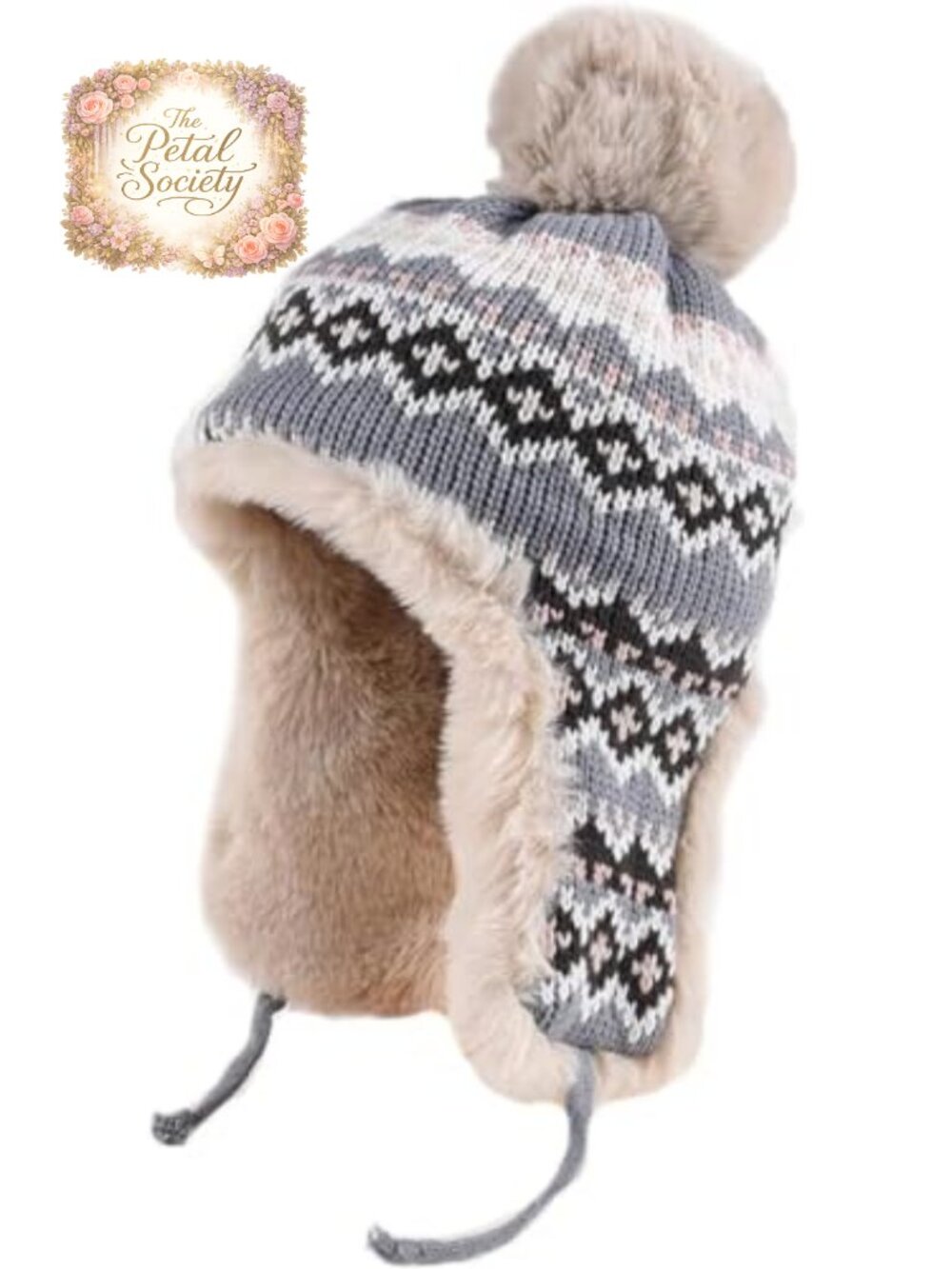 Womens Winter Knit Beanie Hat with Faux Fur Pom Poms Earflaps Thermal Slouchy